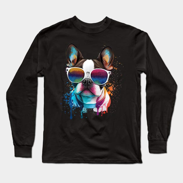 Colourful cool French Bulldog (pug) dog with sunglasses. Long Sleeve T-Shirt by MLArtifex